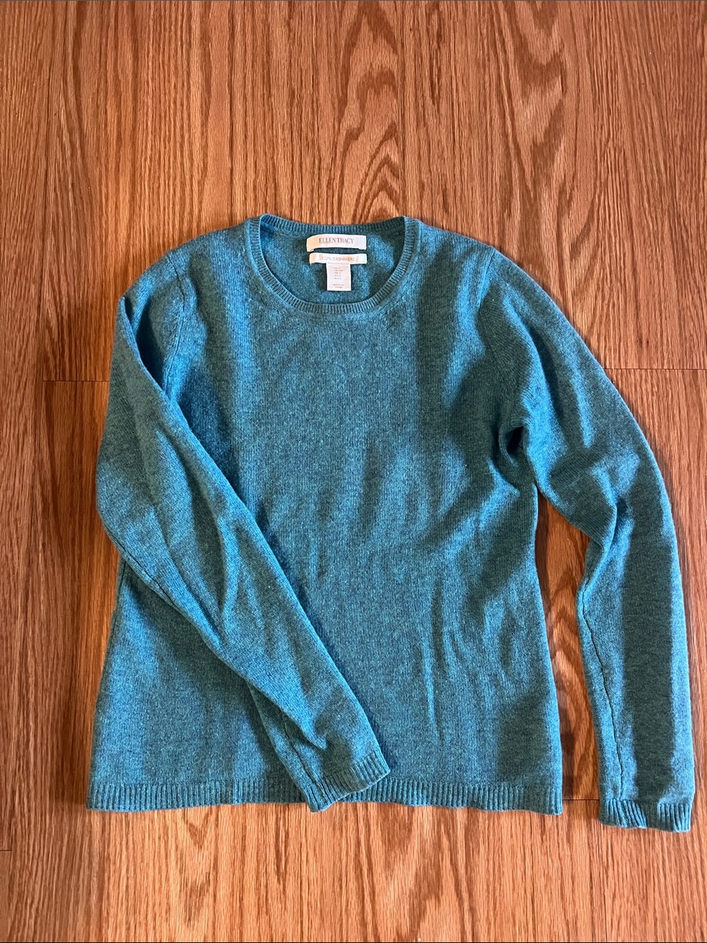 Ellen Tracy Teal Crewneck 100% Cashmere Sweater